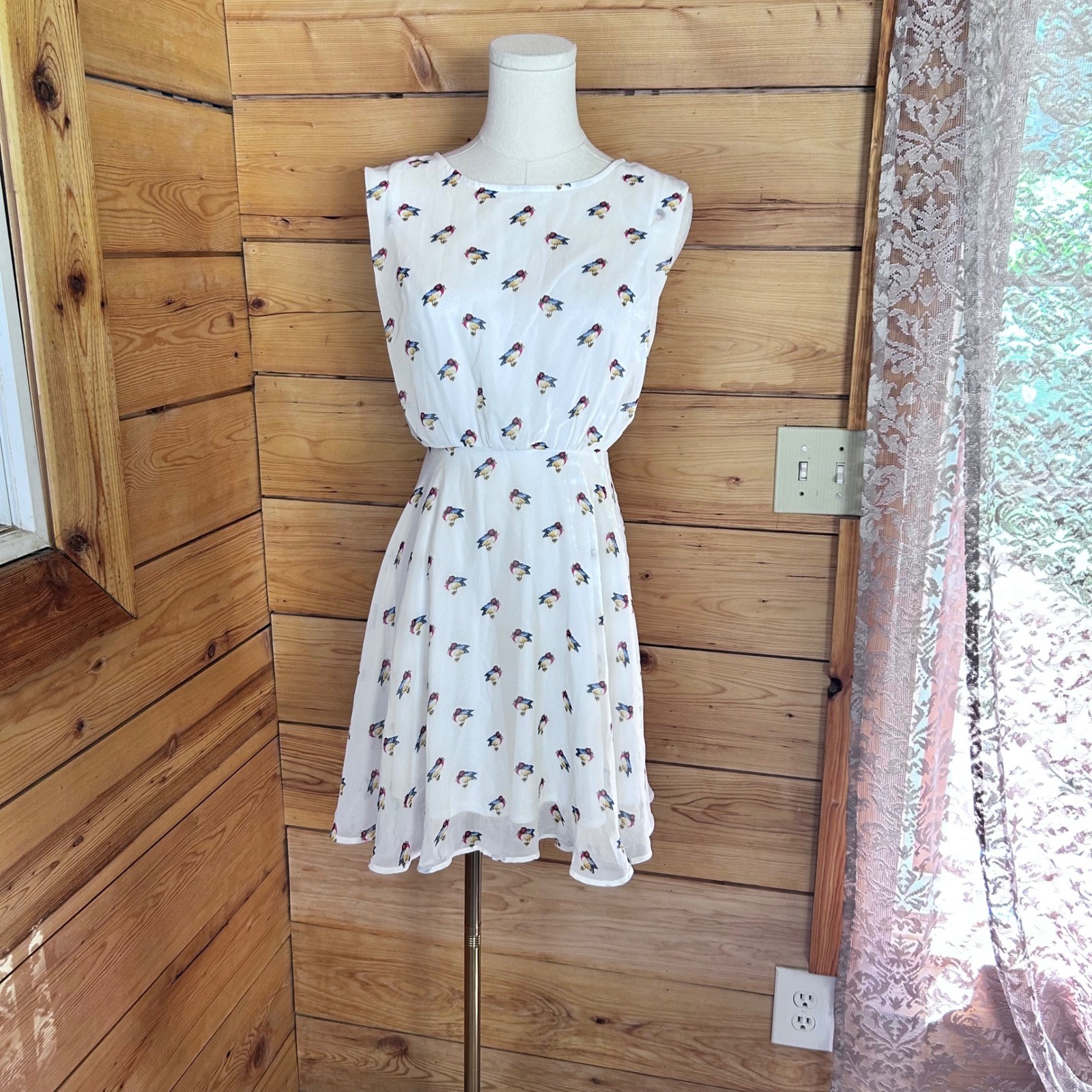 Vintage Bird Print Dress Women Medium White Chiffon Fit Flare Mini McGinn Ditsy