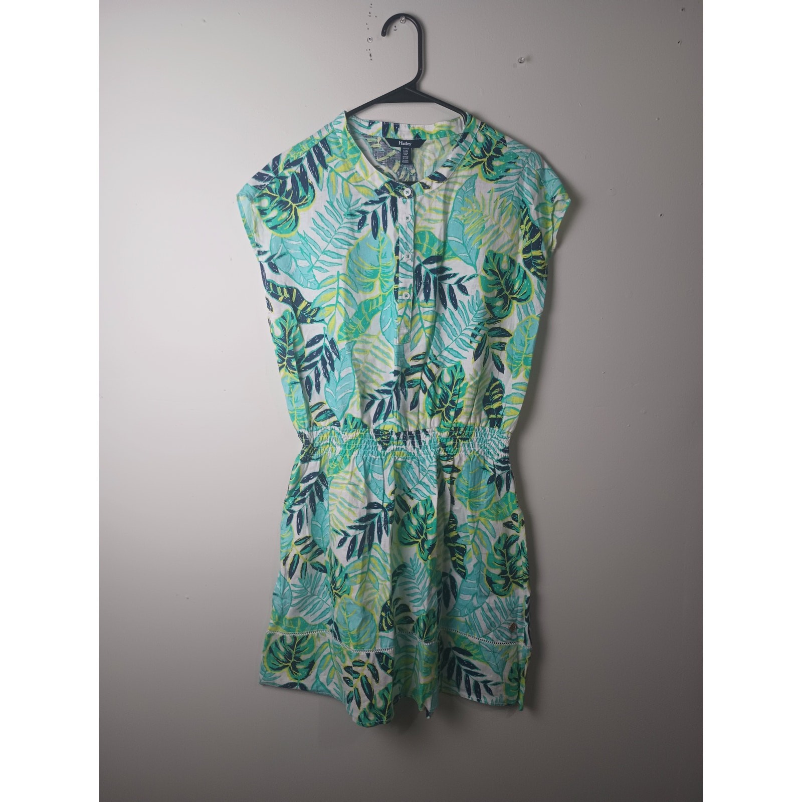 Hatley Abbey Linen Palm Tree Dress Cap Sleeve Elastic Large Vacation Tropical