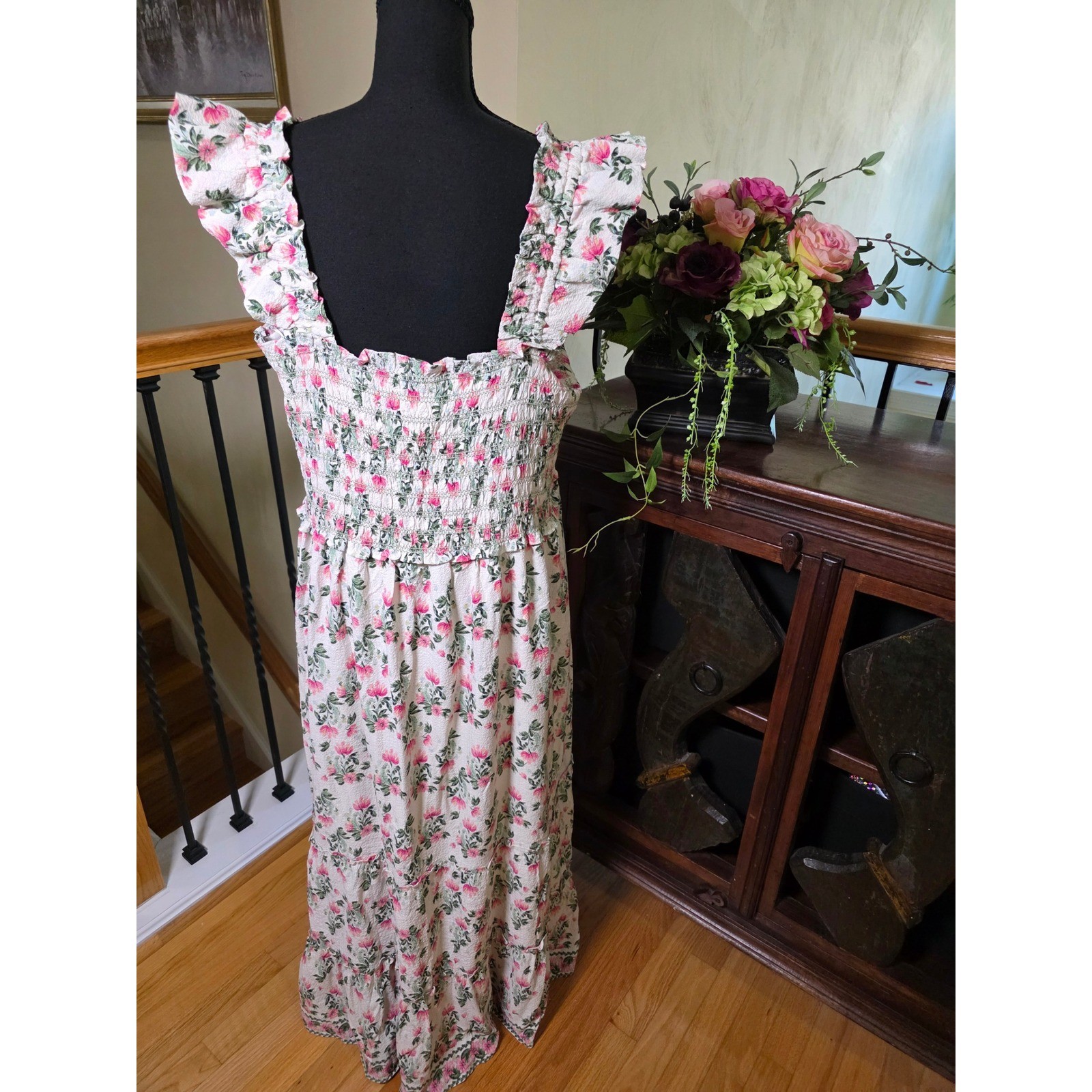 Max studio London Floral Smocked Maxi Dress Pink Green Ruffle Tiered 3X NWT