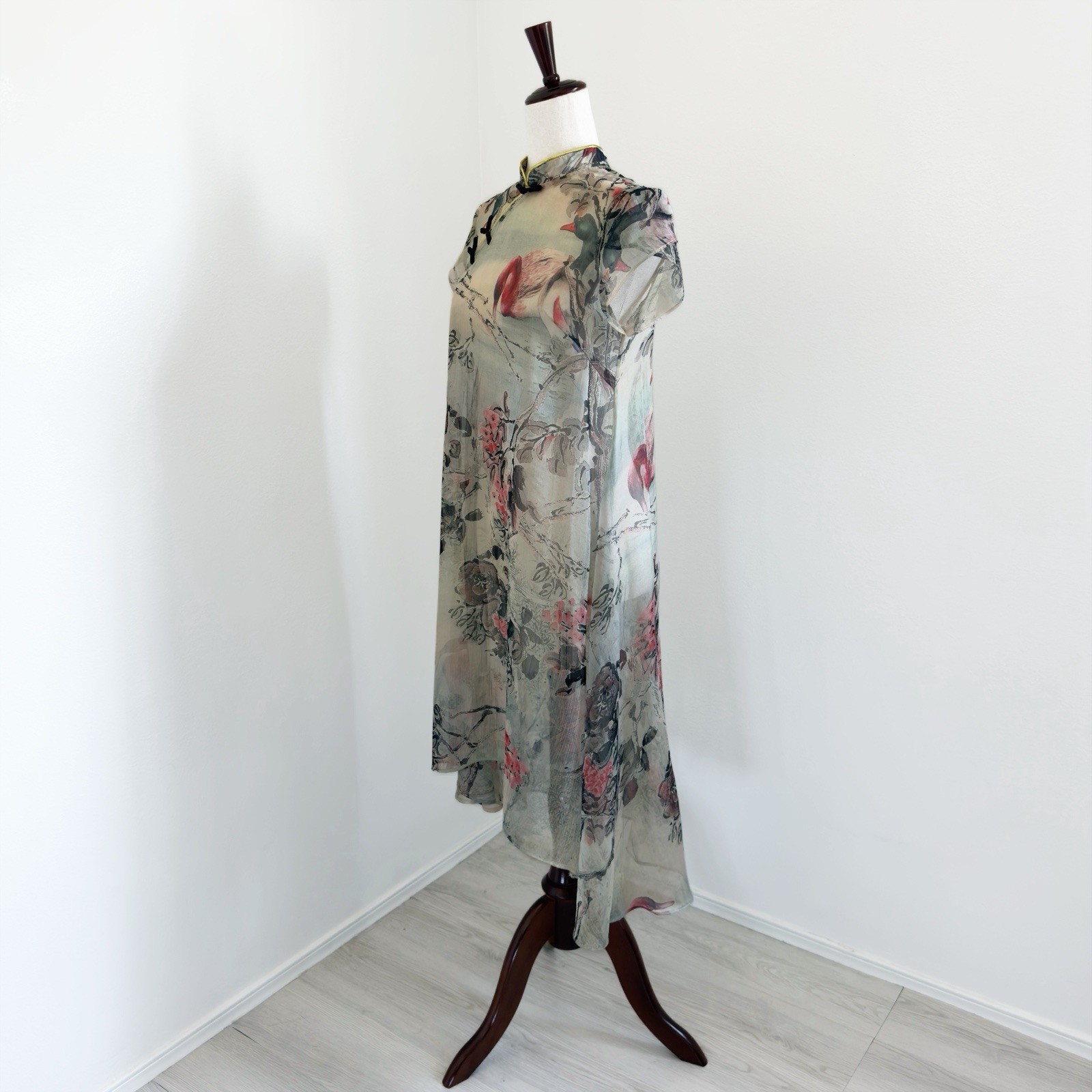 Delicate Cheongsam Dress Womens Small* Bird Mandarin Collar Whimsical Dainty