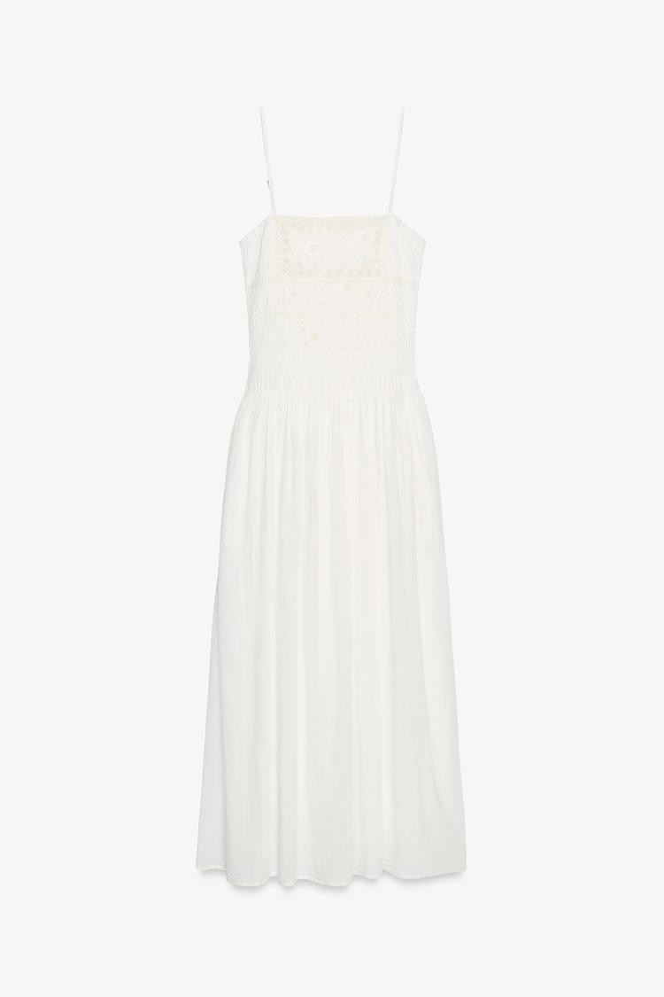 ZARA EMBROIDERED FLORAL OYSTER WHITE MIDI DRESS M