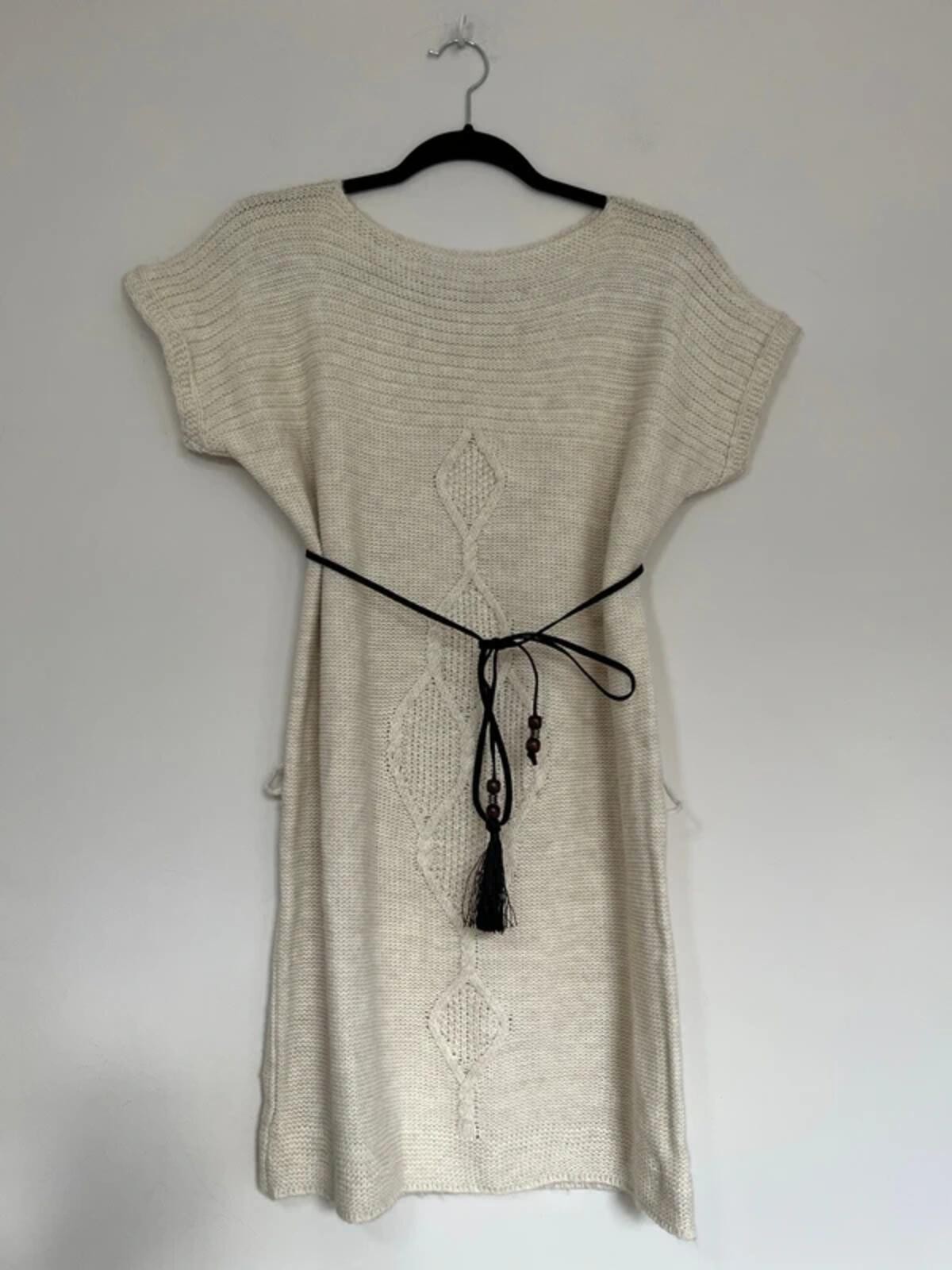 Made in Italy Cream Cable Knit Short Sleeve Tunic Dress with Belt – One Size