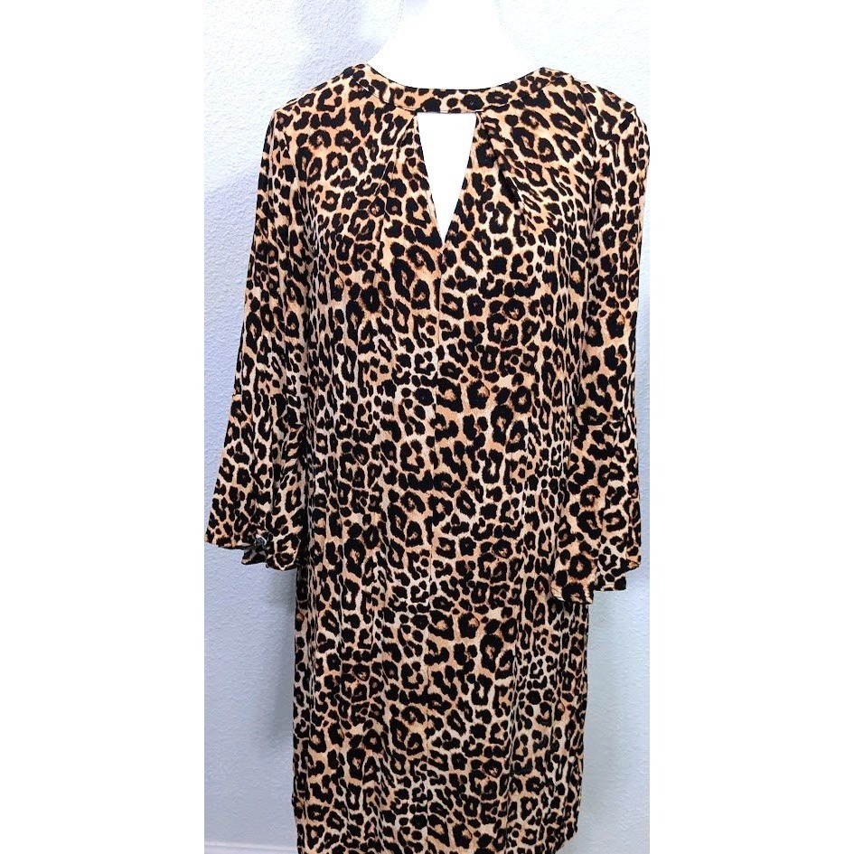 Leopard Print a.na M Keyhole Shift Dress Long Bell Sleeve Brown Black