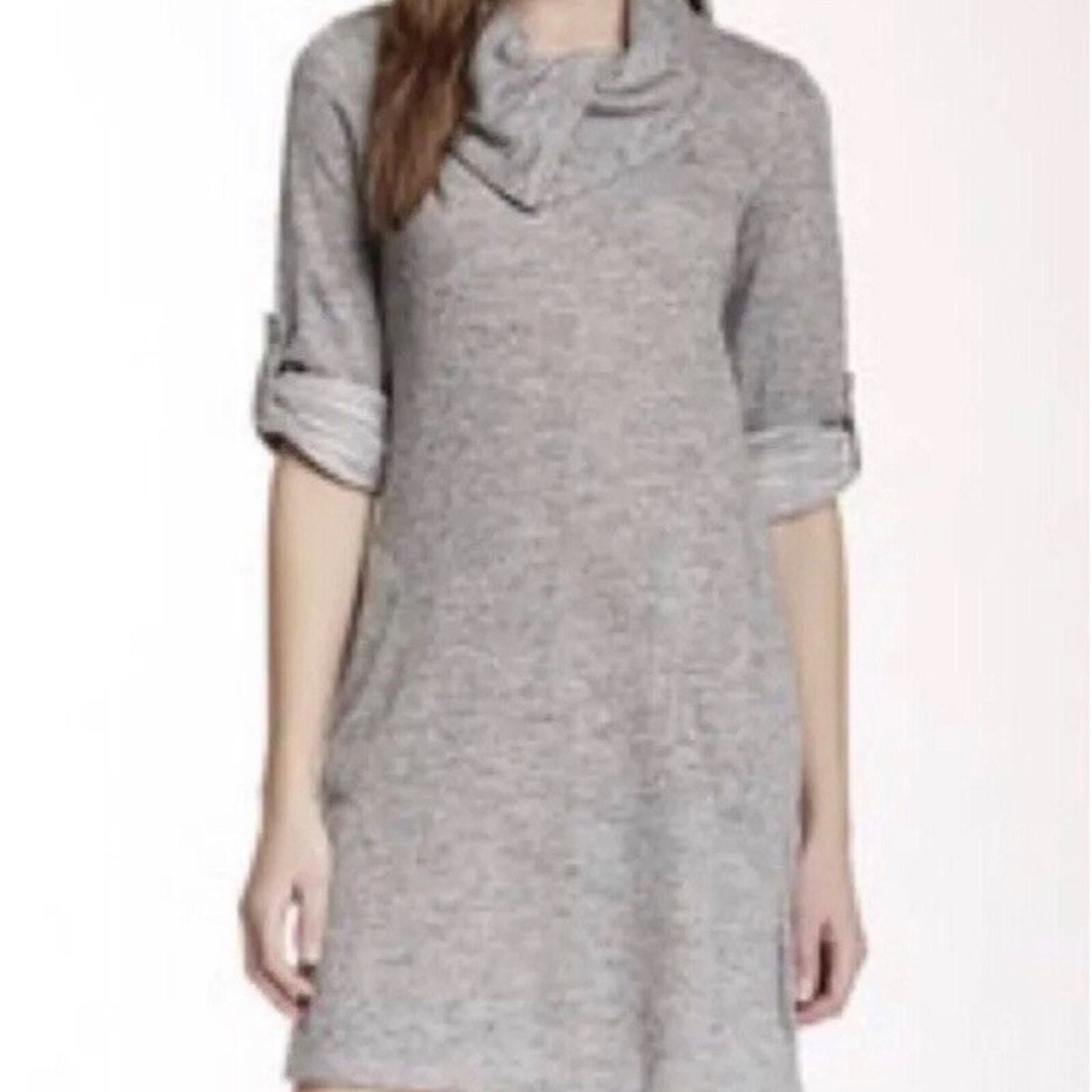 Womens Heather Grey Marled Knit Cowl Neck Tunic Dress Roll Tab Sleeve Pockets