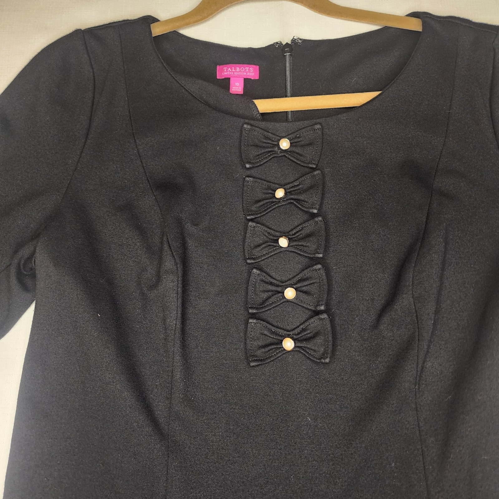 Talbots Dress Womens 10 Black Bow Tie Pearl Button Sheath Whimsygoth Limited Ed