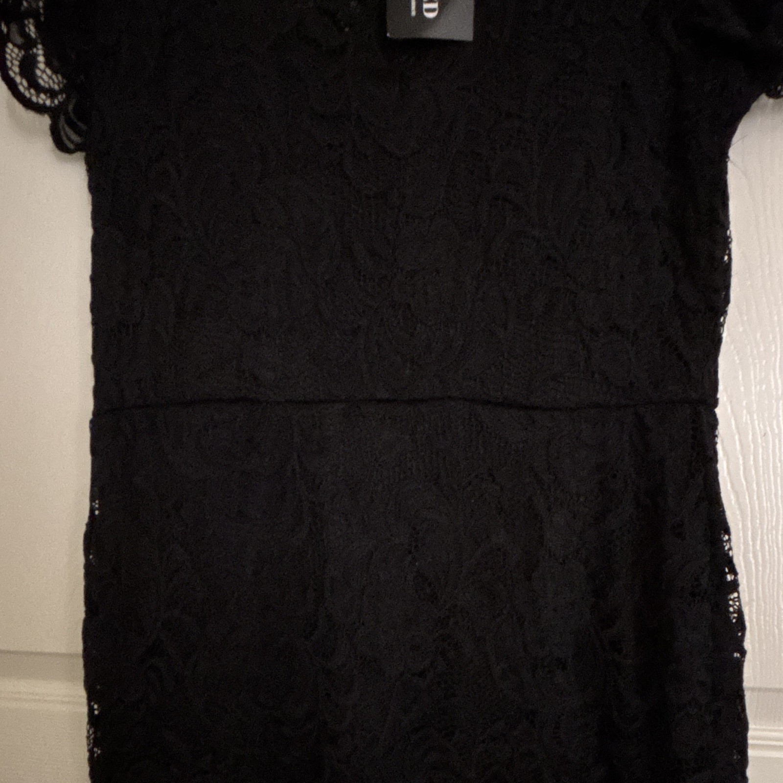 ODCOCD Black Floral Lace Sheath Knee Dress Cap Sleeve Lined Size L