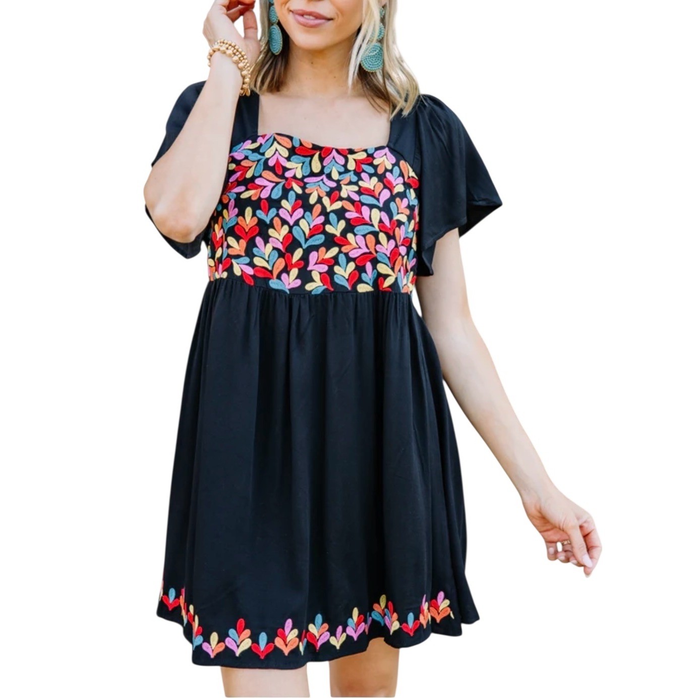 Savanna Jane Embroidered Mini Dress Medium Black Floral Flutter Sleeve Boho