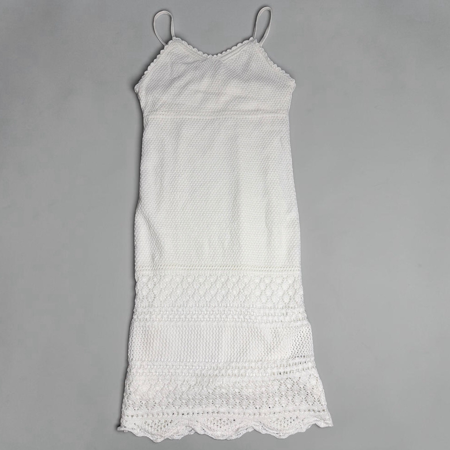 Freshman1996 White Crochet Knit Dress Small Lined Boho Beach Midi Sundress