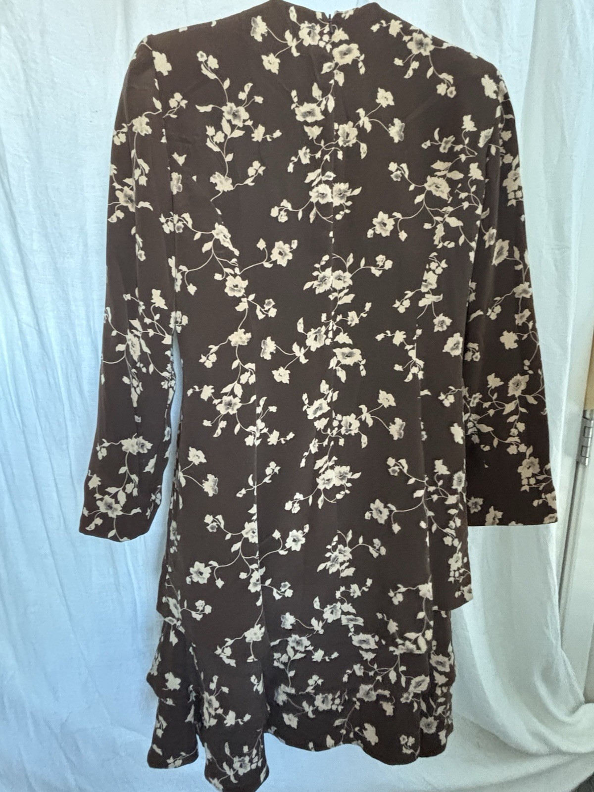 VTG Brown Beige graphic Floral Print Dress 100% Silk Back Zip Tiers PATRICK 14