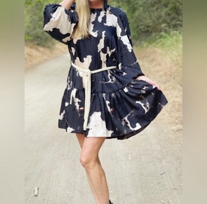 Alexis x Target Ruffle Mini Dress Size S Abstract Print Black & Tan Rope Belt
