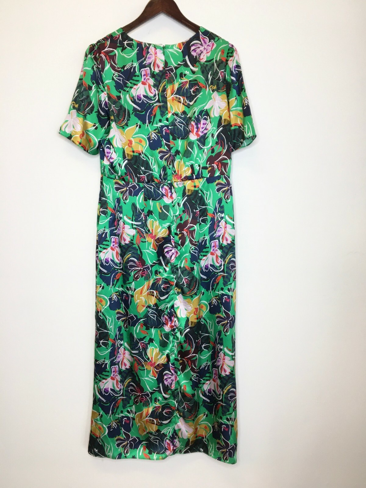 SALONI Green Floral Botanical Print EDEN Satin Silk Hi-Slit Midi Dress 10US 14UK