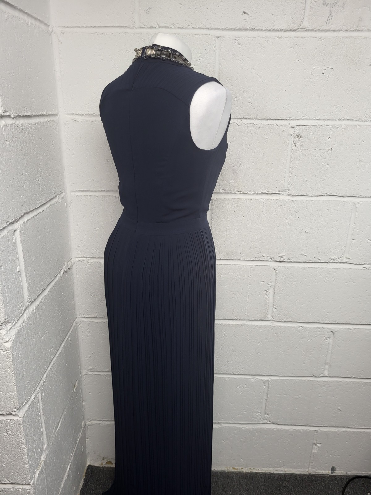 Spotlight Warehouse Navy Blue Embellished Neckline Pleated Maxi Dress Size 8. PT