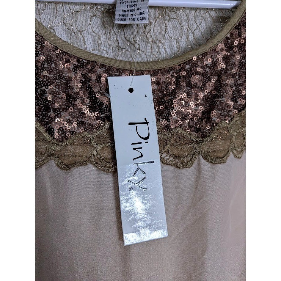 Pinky Womens Gold Sequin Lace Mesh L Fit Flare Party Dress Cream Bronze NWT