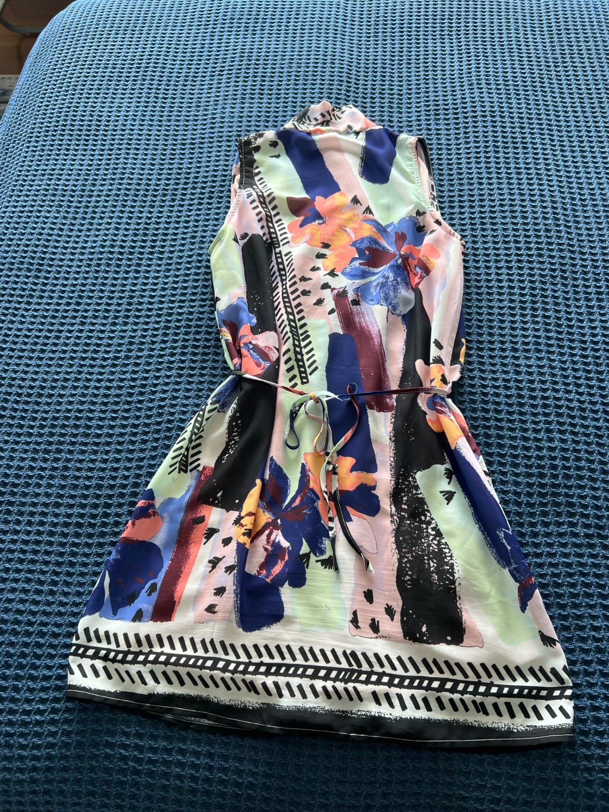 Bar III Women’s Large Sleeveless Floral Faux Wrap Dress Pink Blue Lined Pockets
