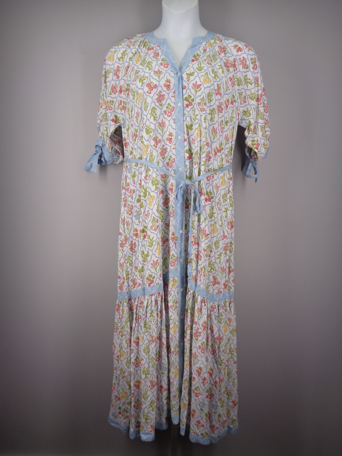 Cactus Pearl Floral Button Maxi Dress Size Medium Tie Sleeve Boho Cottagecore