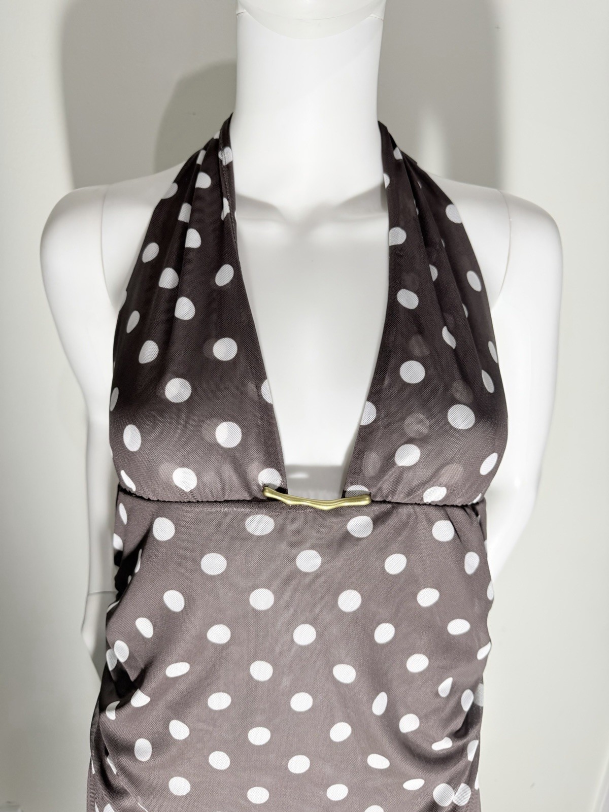 Caroline Constas Brown White Polka Dot Halter Backless Slit Mesh Midi Dress L