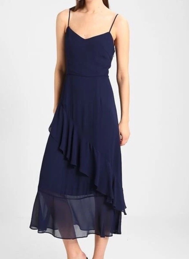 Whistles Amber Frill Midi Dress — UK 14 / US 10 Navy Ruffle Wedding Guest