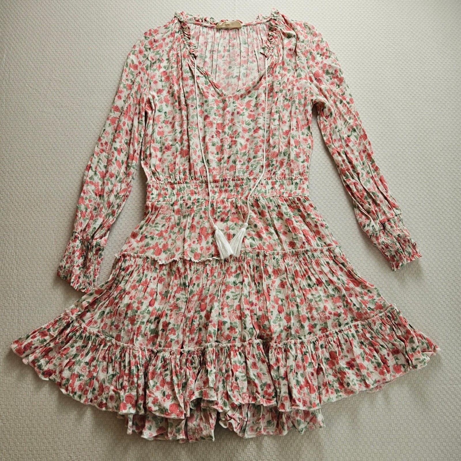 Floral Ruffle Mini Dress M Pink Smocked Waist Tassel Long Sleeve Boho Cottage