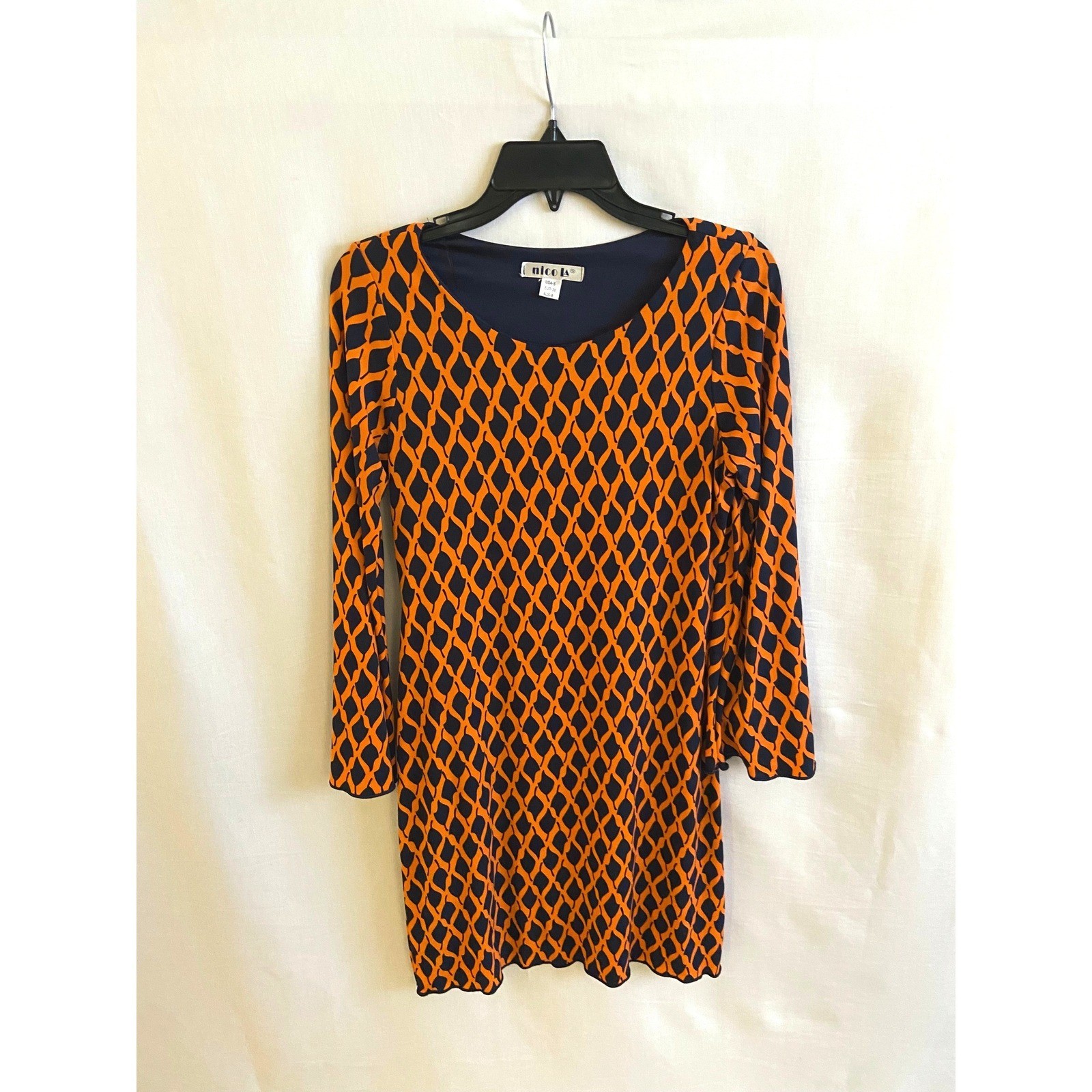 Nico LA Dress Womens S Orange Navy Blue Geometric Leaf Print Mini Long Sleeve