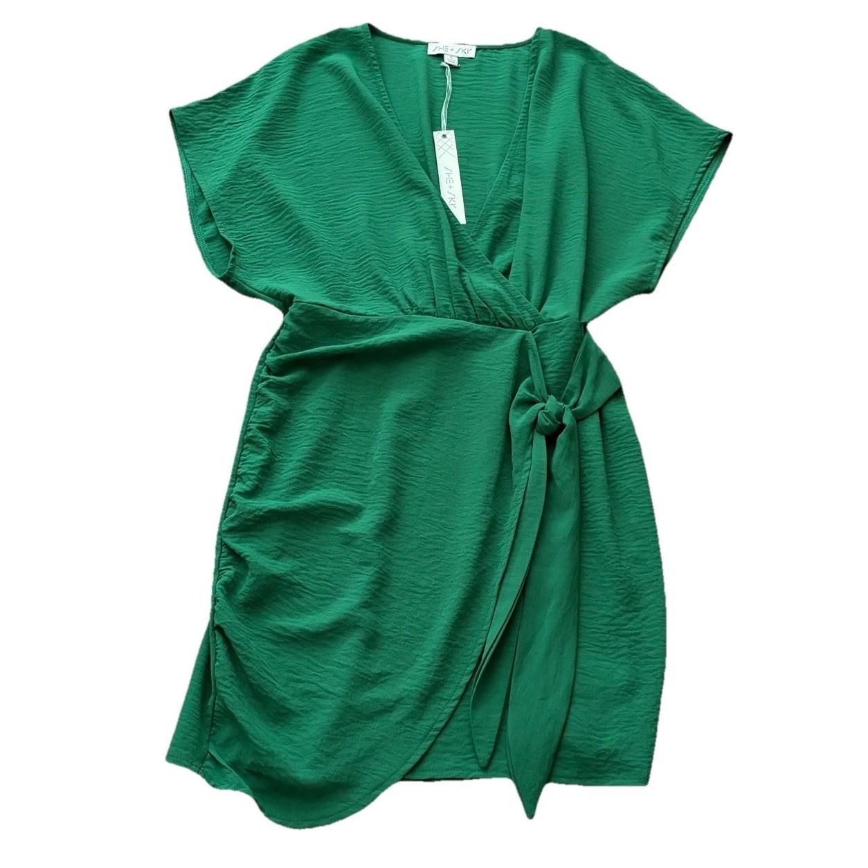 SHE + SKY Green Small Tie Wrap Knee Length V-Neck Dress Short Sleeve NWT