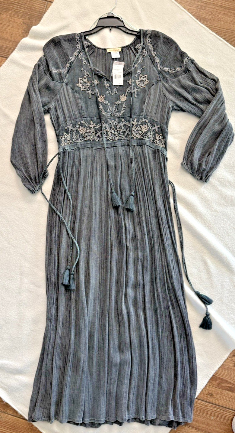 Sweet Magnolia Embellished Boho Prairie Beaded Maxi Dress Size Large Gray Teal