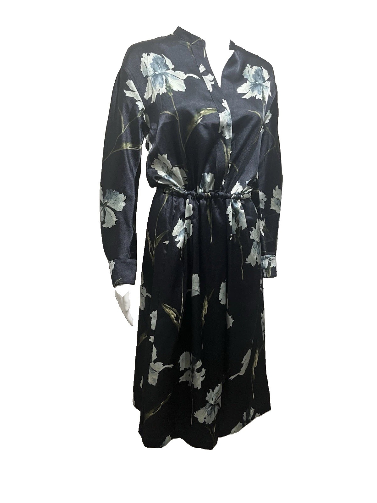 Vince Navy Floral Iris Print Long Sleeve Satin Shirt Dress Coastal Size XS $345