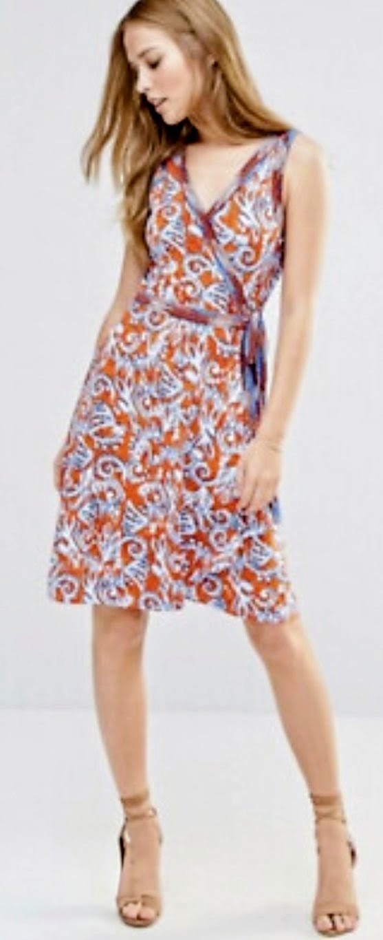 BCBGMAXAZRIA Orange Blue Ikat Print Hallee V-Neck Wrap Tie Dress Size XS
