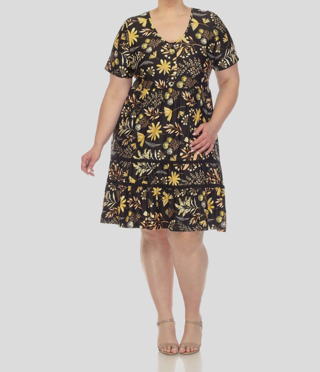 White Mark Women’s Black Floral Tiered Lace Scoop Neck Dress Plus Size 2XL