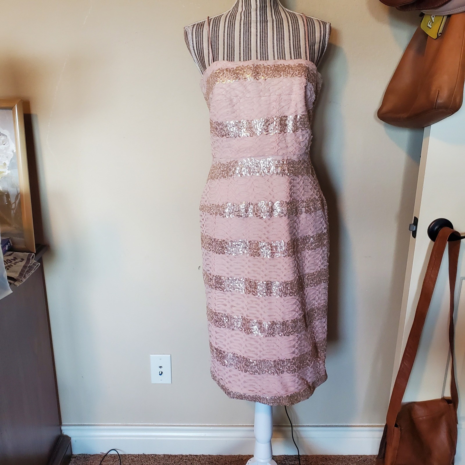 Phase Eight Womens Blush Pink Gold Sequin Strapless Cocktail Dress Size 12 UK