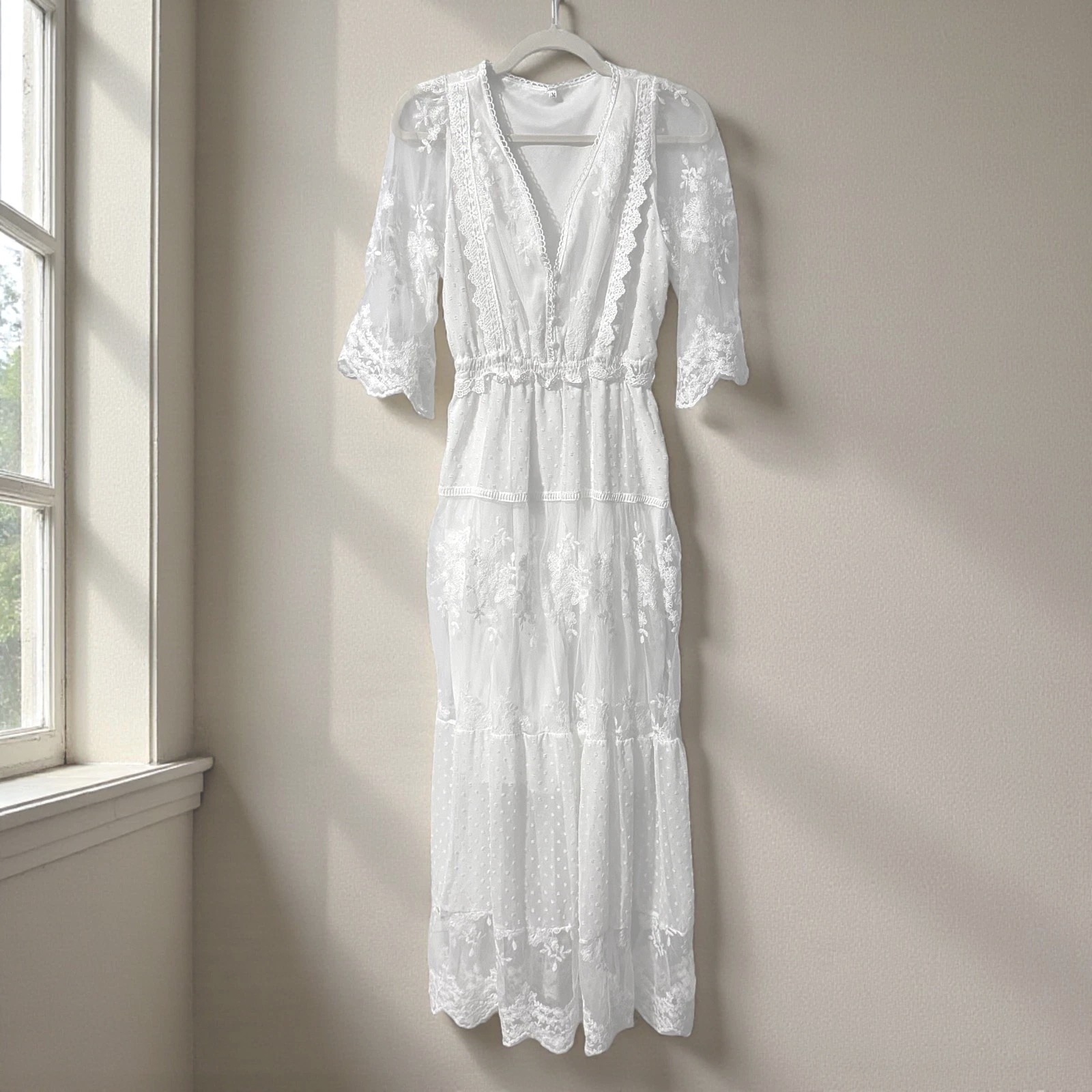 Womens White Floral Lace Swiss Dot Maxi Dress M Boho Embroidered Prairie Lined