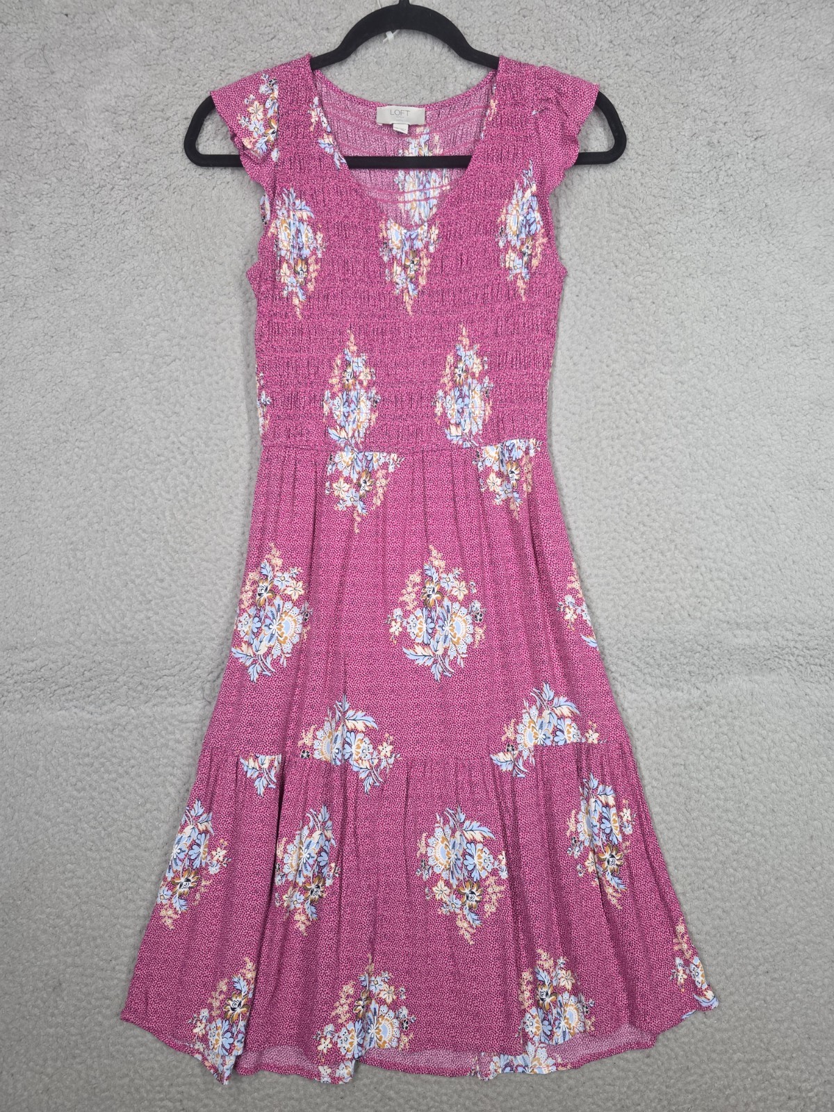 Pink Floral Smocked Dress XXSP 2XS Petite Loft Sleeveless Sundress Fit Flare