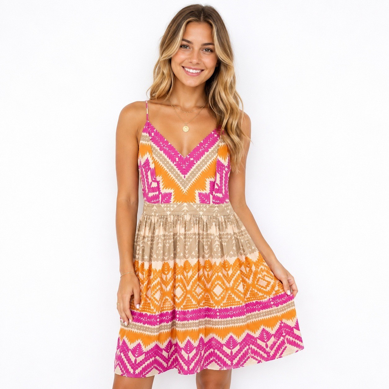 Trina Turk Gypsum Silk Dress Pink Orange Aztec Geometric Mini Tie Back Sz 10