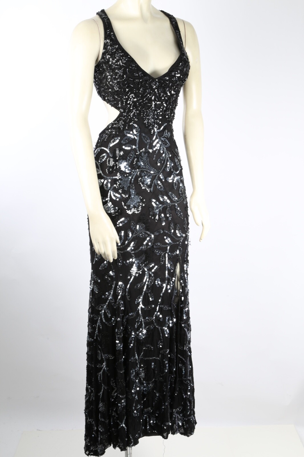 Cassandra Stone Black Silver Silk Beaded Embroidered Gown V Neck Dress Womens 0