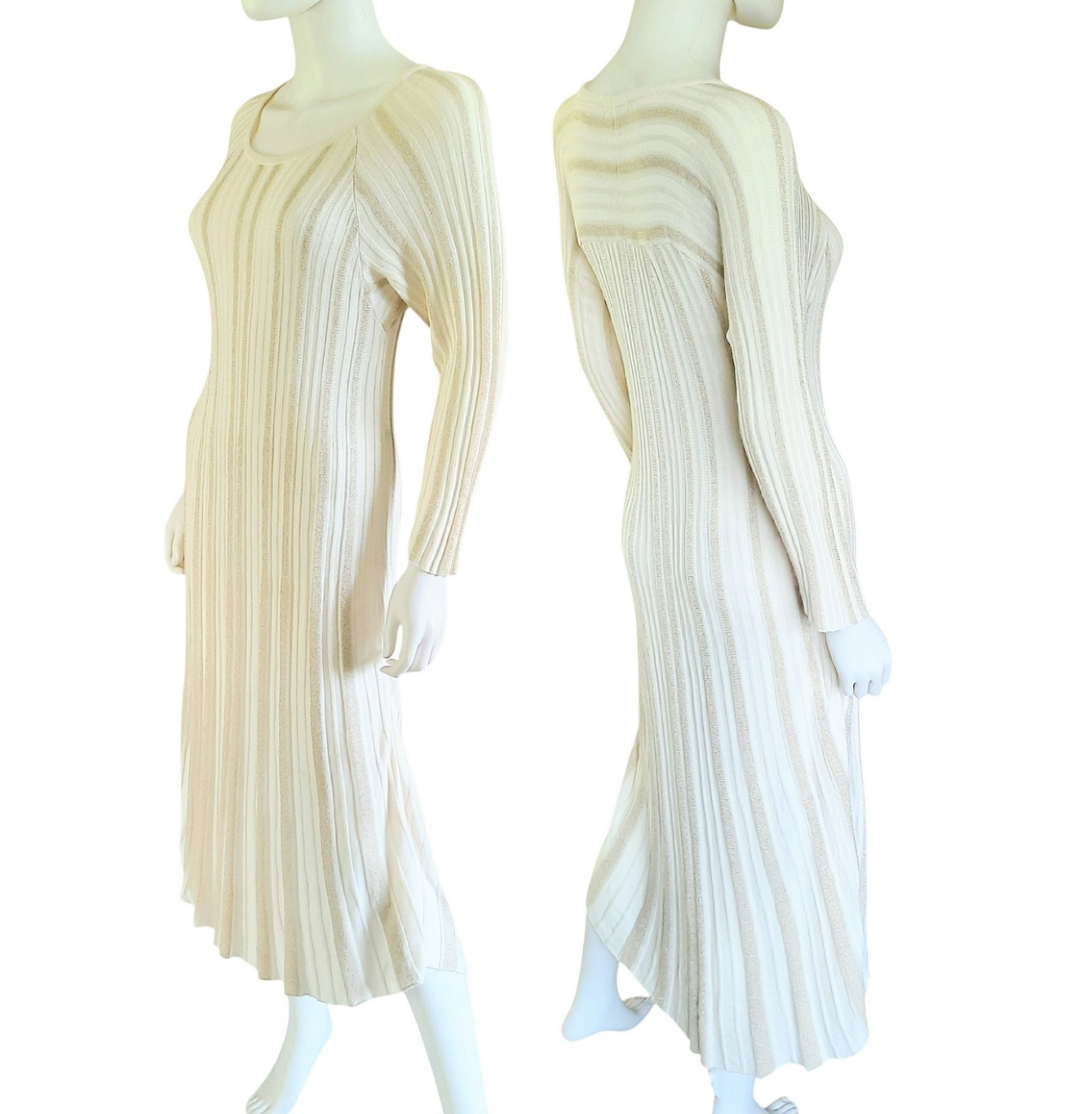 CATO Cream/Metallic Gold Ribbed Knit 3/4 Sleeve Fit & Flare Midi Dress Sz 14/16W