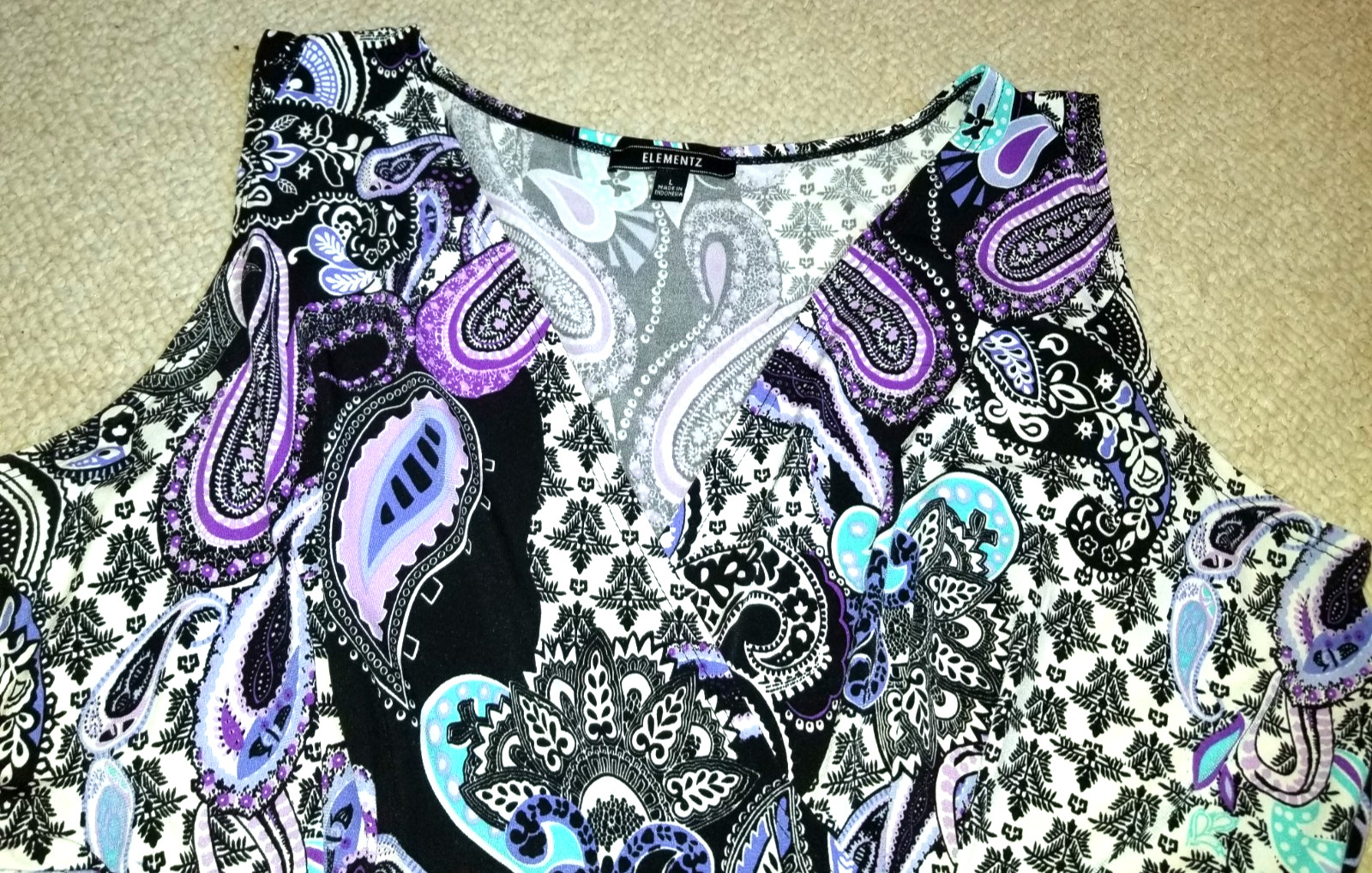 Womens Dress-ELEMENTZ-purple/black paisley knit maxi empire waist BOHO resort-L
