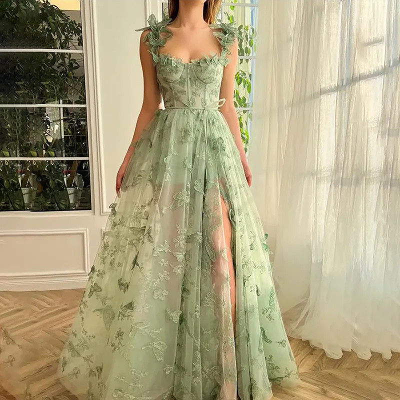 Forest Fairy Evening Gown Lace Mesh Modest Dress Thigh High Slit Long Dresses