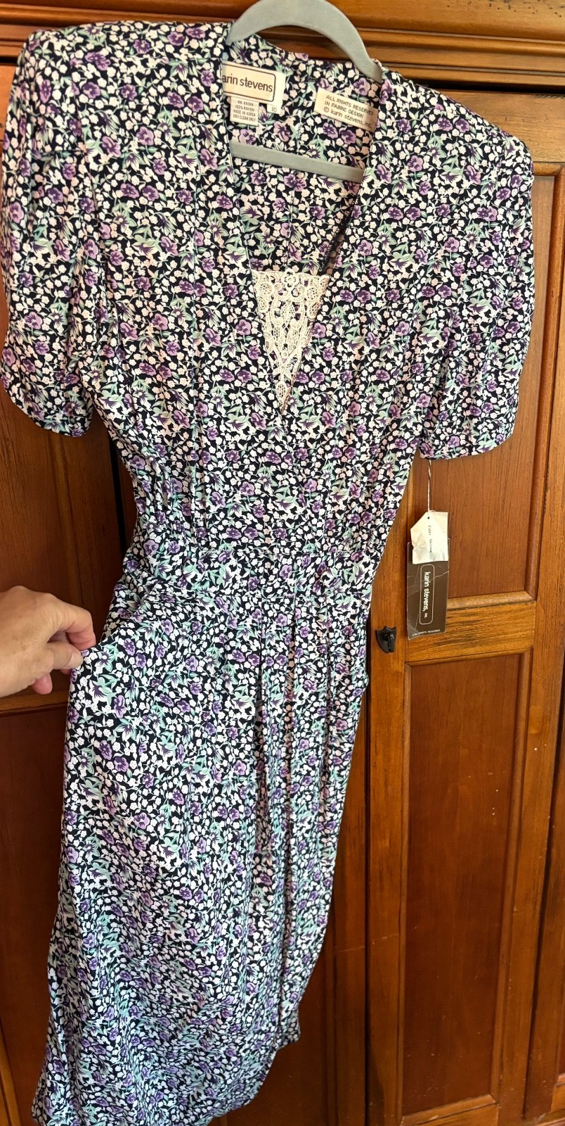 Vintage NWT Karin Stevens Women Rayon Floral Black Short Sleeve Dress Sz 10