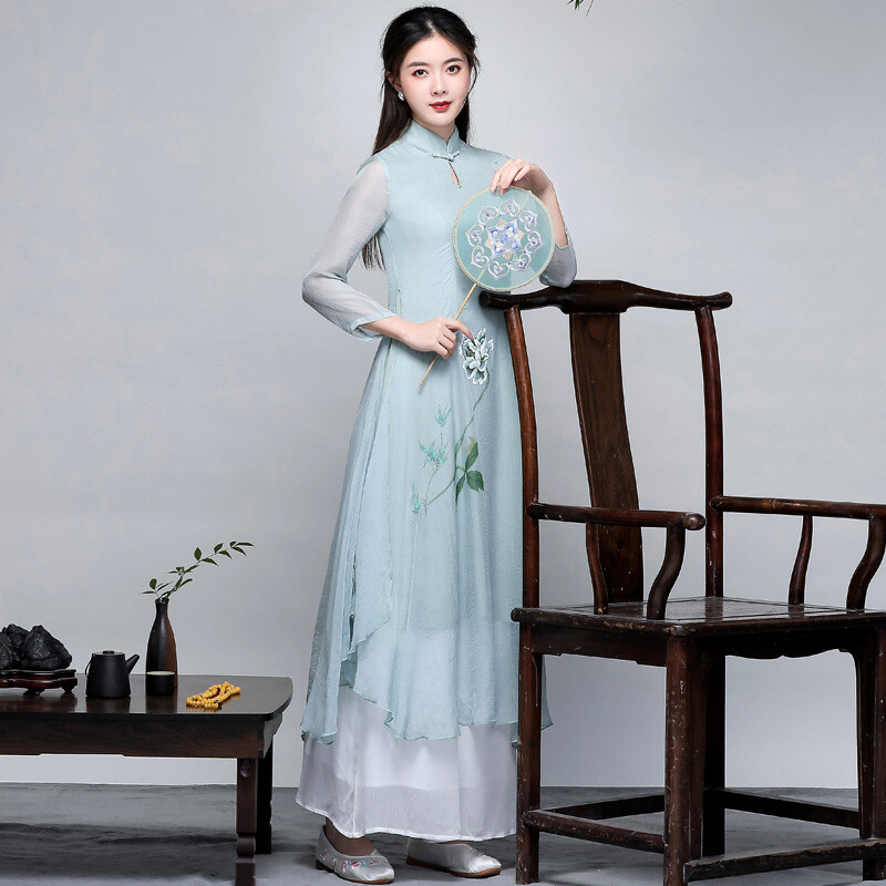Ethnic Style Summer Chinese Female Stand-Up Collar Improved Cheongsam Dress