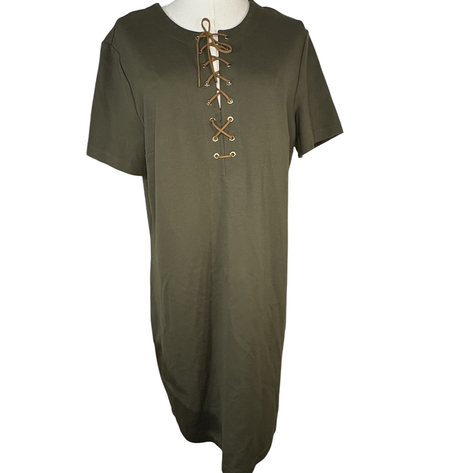 LAUREN RALPH LAUREN WOMENS DRESS SZ LARGE OLIVE SHORT SLEEVE LACE UP ACCENT