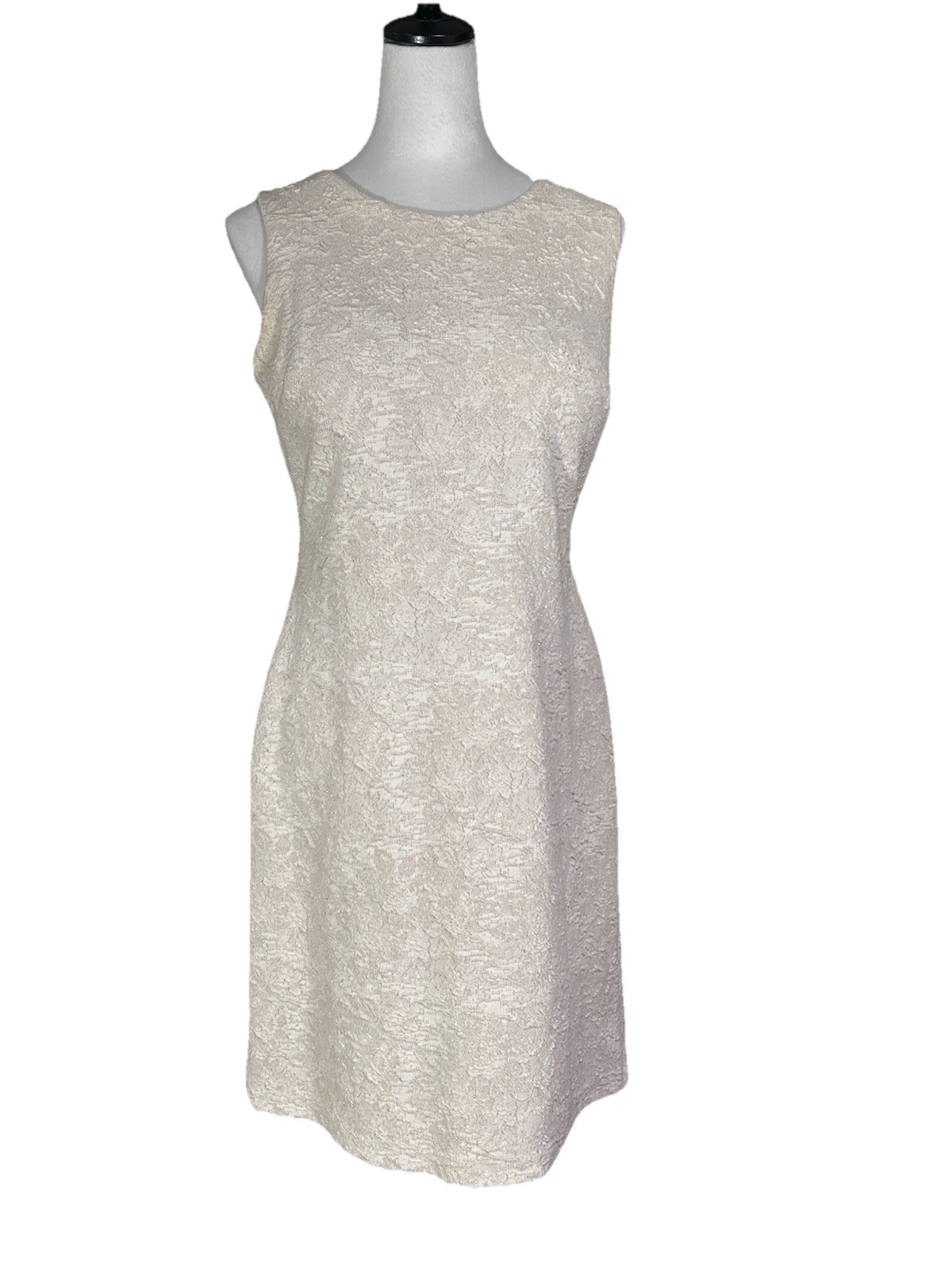 Ivory sleeveless dress crew neckline medium length for spring business or social