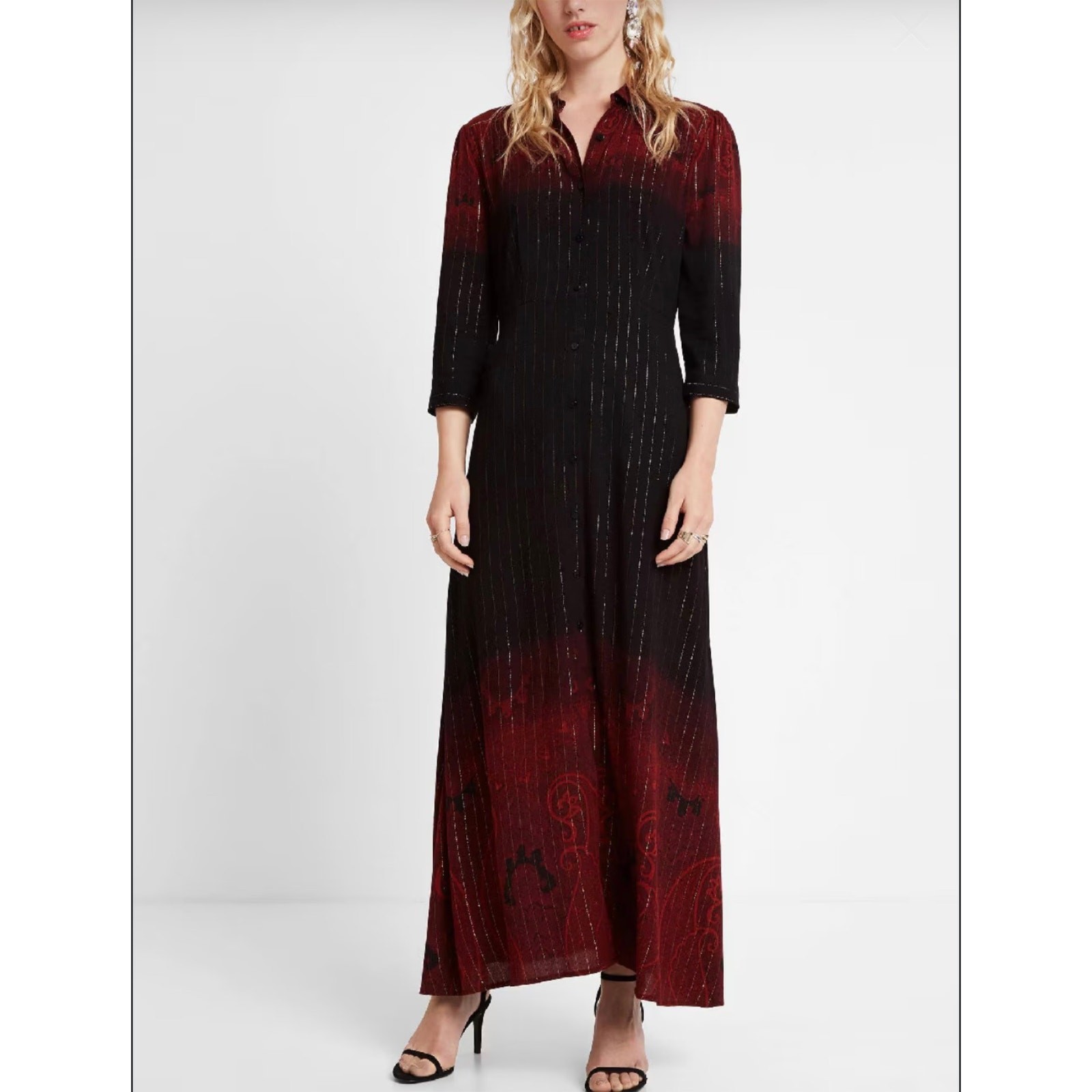 Desigual ‘Lionel’ Maxi Shirt Dress in Burgundy Black Ombre Metallic Size 12 NWT