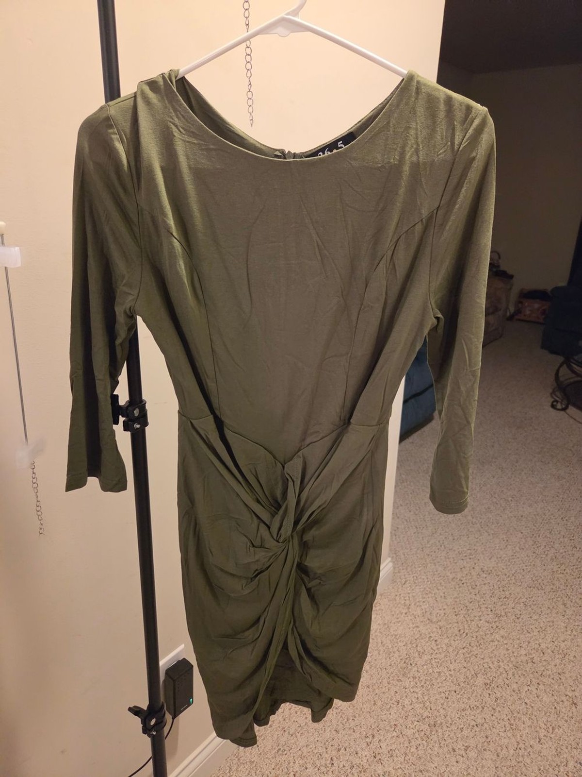 Knot-Front Olive Green Midi Dress with Three-Quarter Sleeves