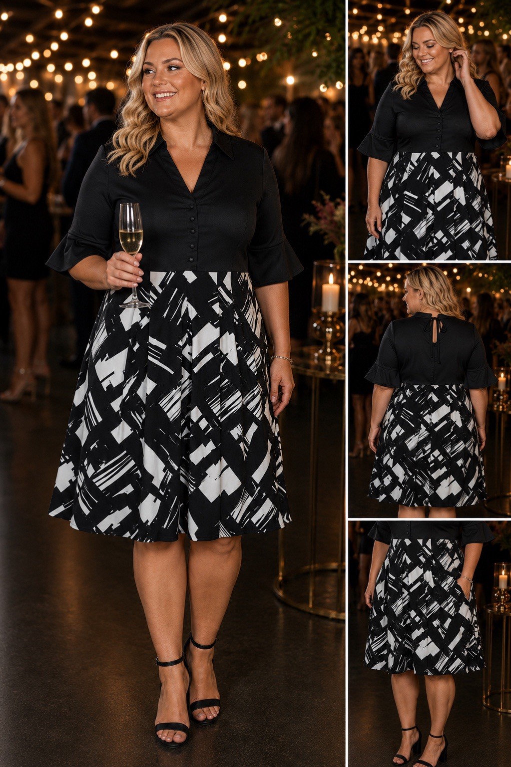 Donna Ricco 1/2 Sleeve Midi Black White A Line Pleated Dress Plus Sz 22 3X