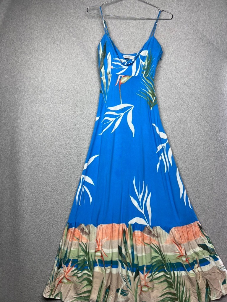 Basement Tropical Floral Maxi Dress XS Blue Palm Leave Resort Vacation Summer