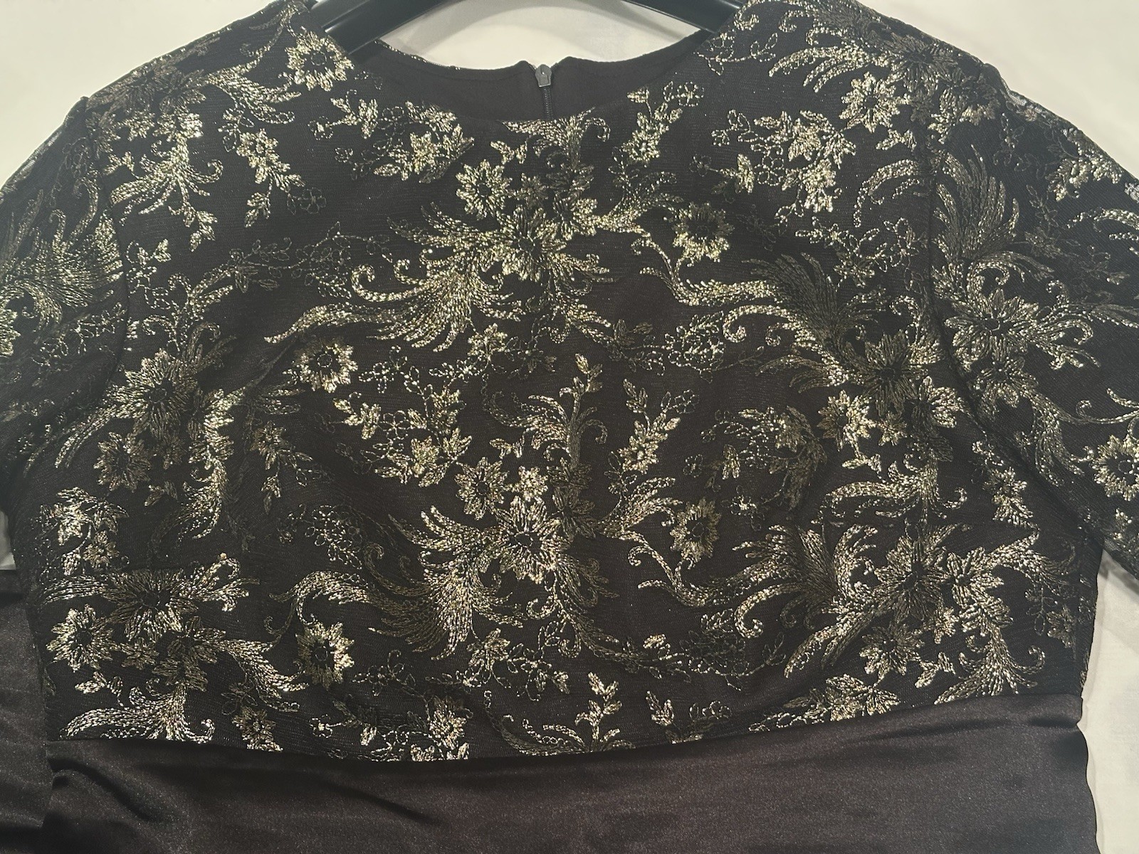 Desi… Women’s Black Gold Floral Brocade Embroidered A-Line Long Dress 44