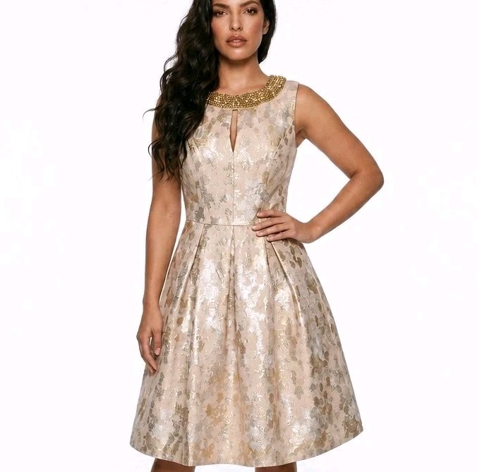 No.1 Jenny Packham Champagne Gold Jacquard Beaded Wedding Guest Dress UK 8 10