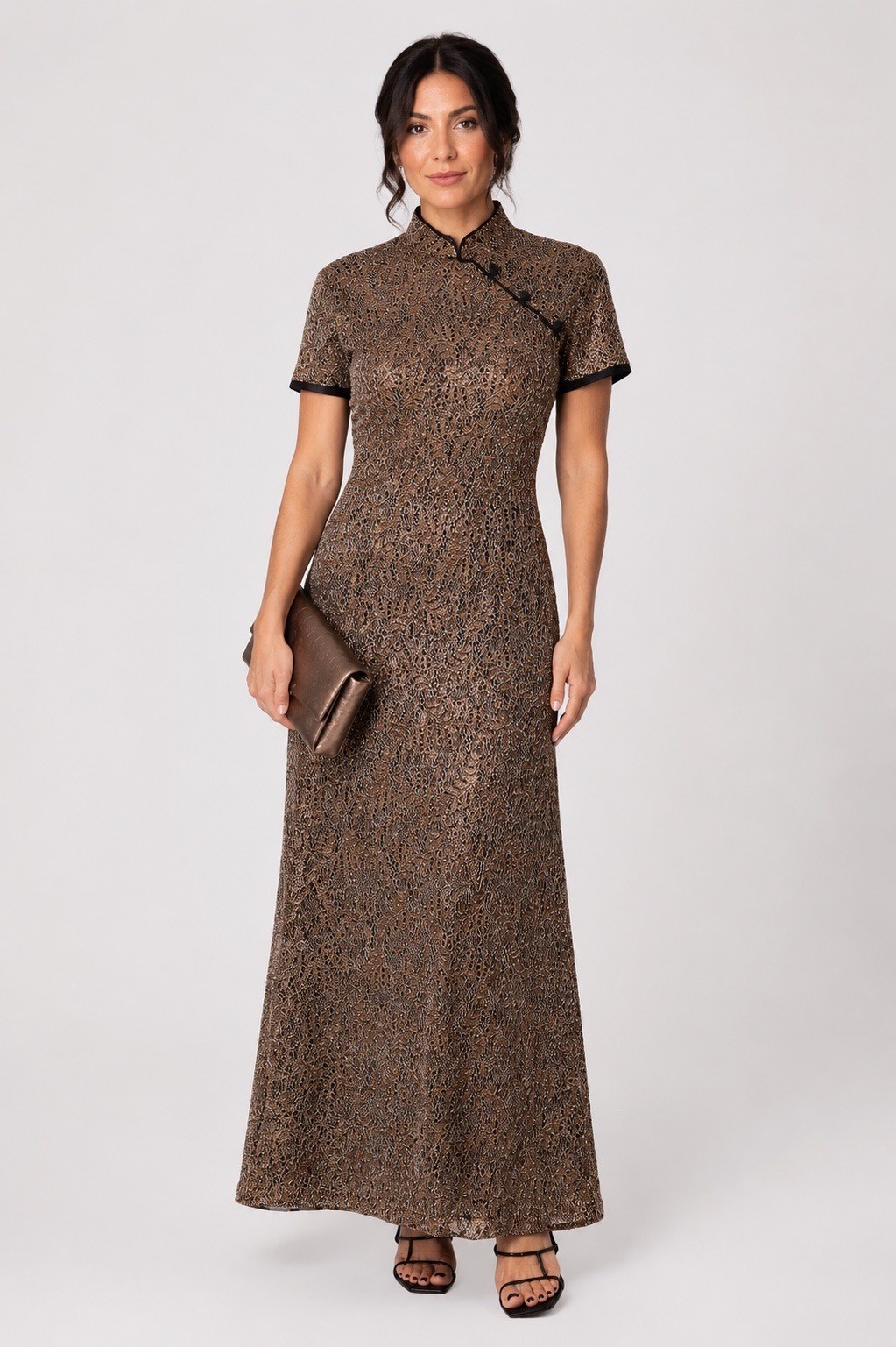 Jessica Howard Size 6 Gold Black Lace Maxi Dress Mandarin Collar Formal Gown