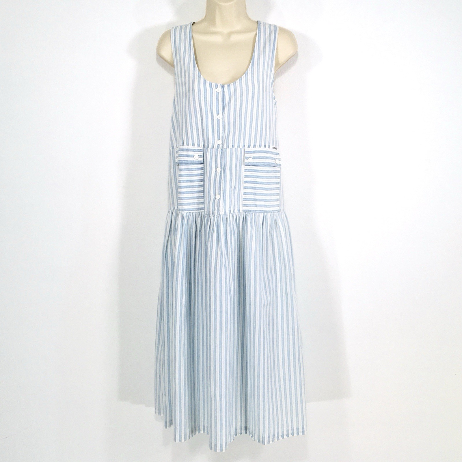 Vtg IDEAS Striped Denim Overall Jumper Sz S/M Dropped Waist Pockets Cottagecore