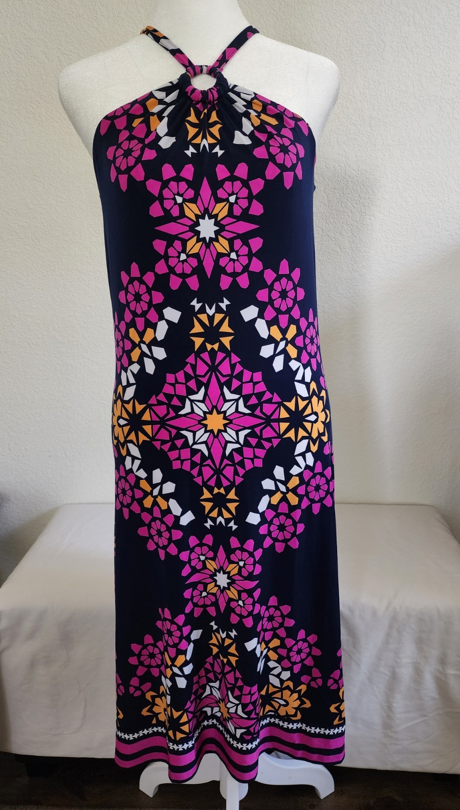 INC Geometric O-Ring Halter High Low Maxi Dress Pink Navy Small