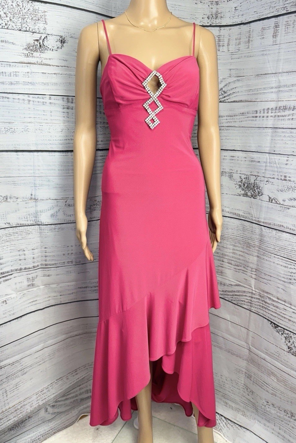 VTG Fiesta M Hot Pink Rhinestone Ruffle Hem Dress Asymmetrical Y2K